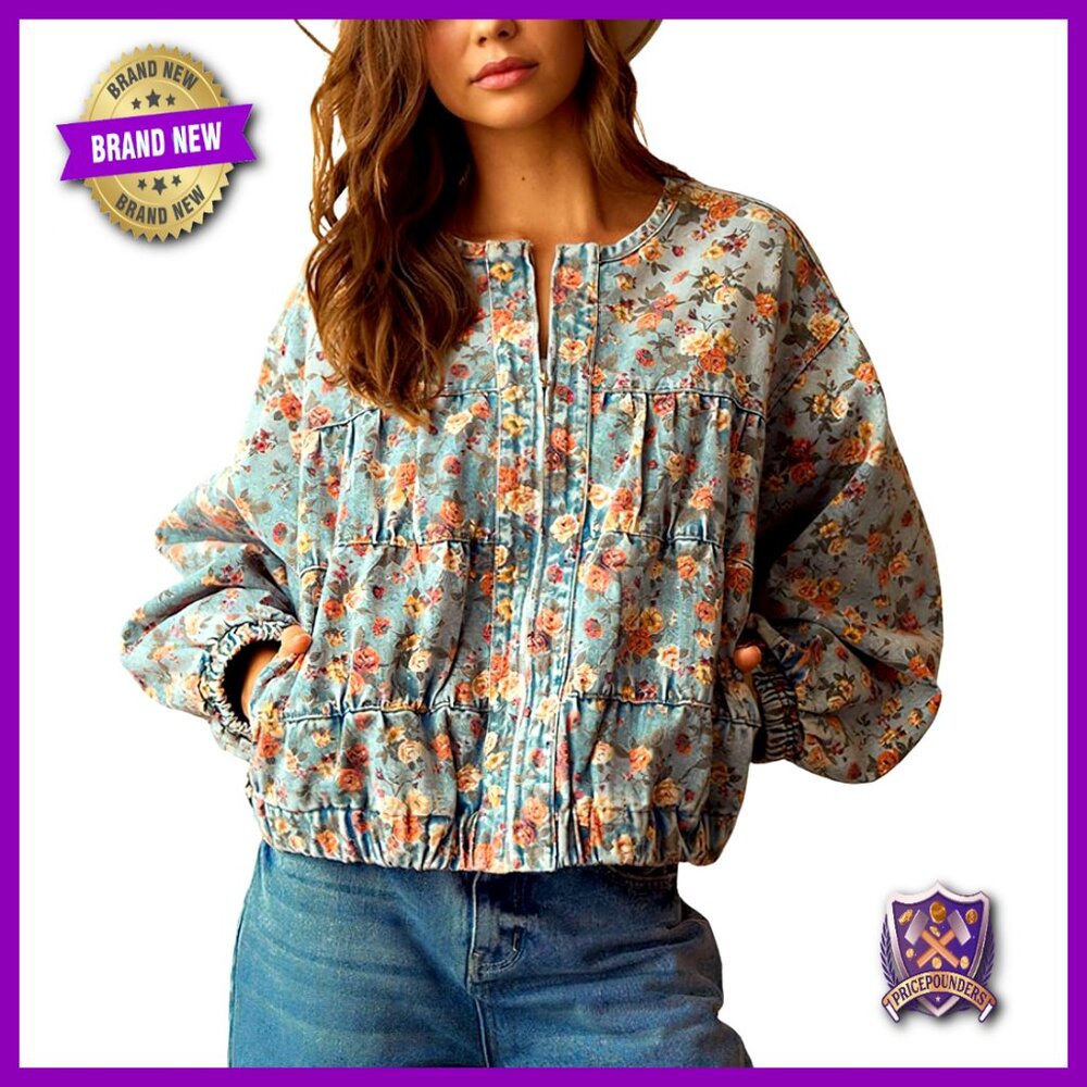 Oversized Denim Bomber Jacket Floral Y2k Boyfriend Style Casual Streetwear